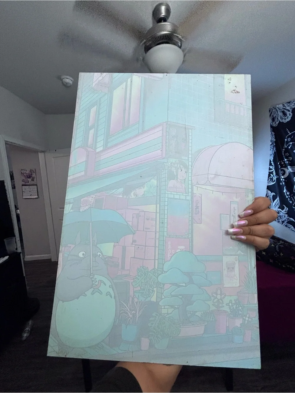 Vibrant Neon City Anime Print with Totoro Illustration